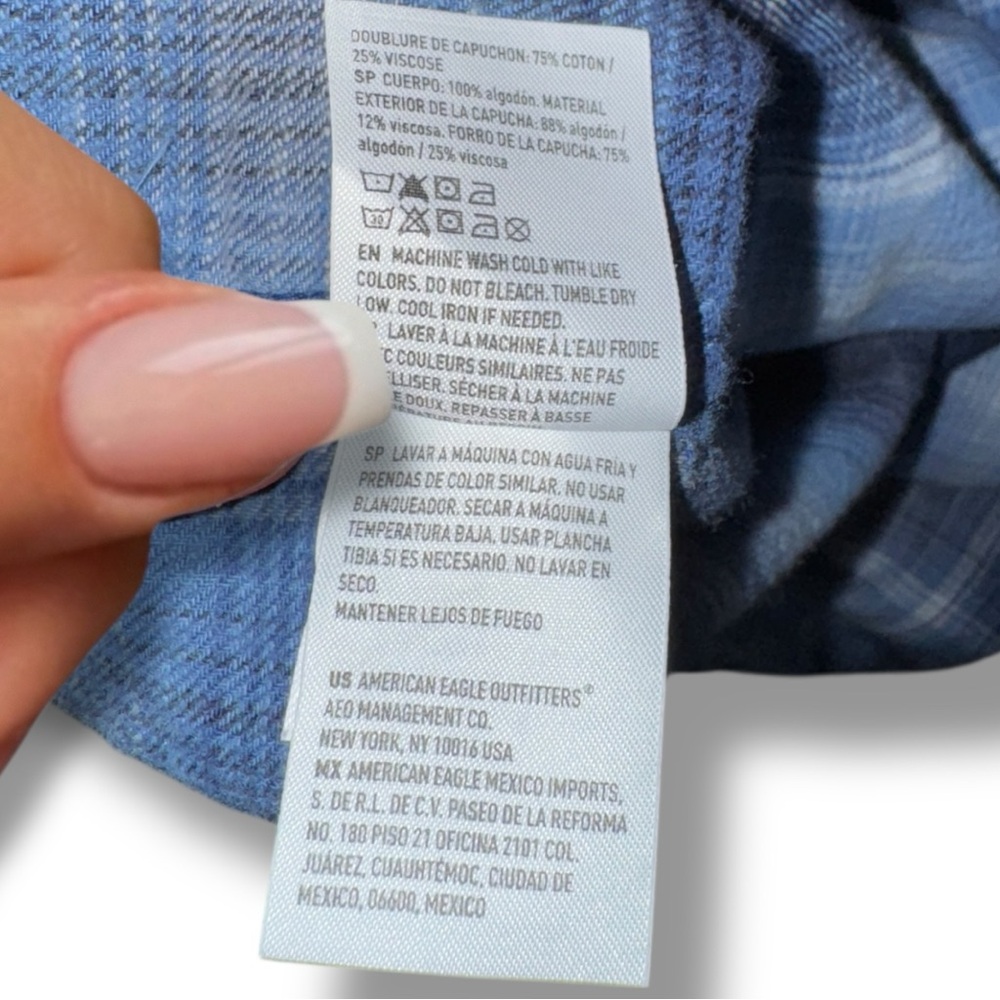 American Eagle Super Soft Flannel Shirt Hoodie Blue Plaid Removable Hood XL - Picture 10 of 16